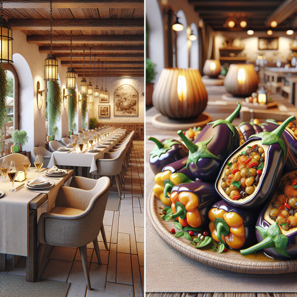Villa Restaurant iç mekanında etli patlıcan biber dolması sunumunu gösteren bir görsel.