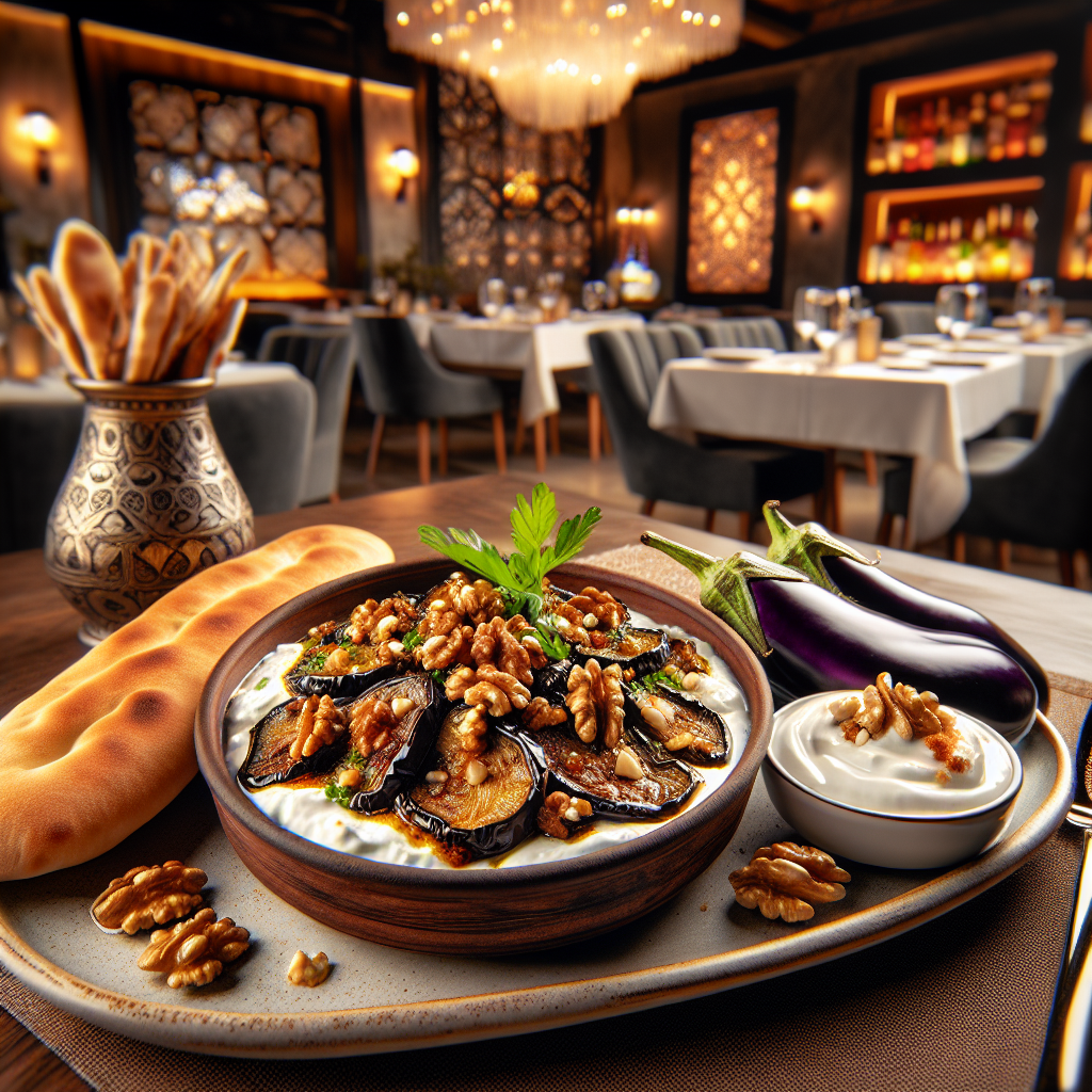 Cevizli Patlıcan ve Servis Cevizli Patlıcan, yoğurt ve pide ile restoran ortamında
